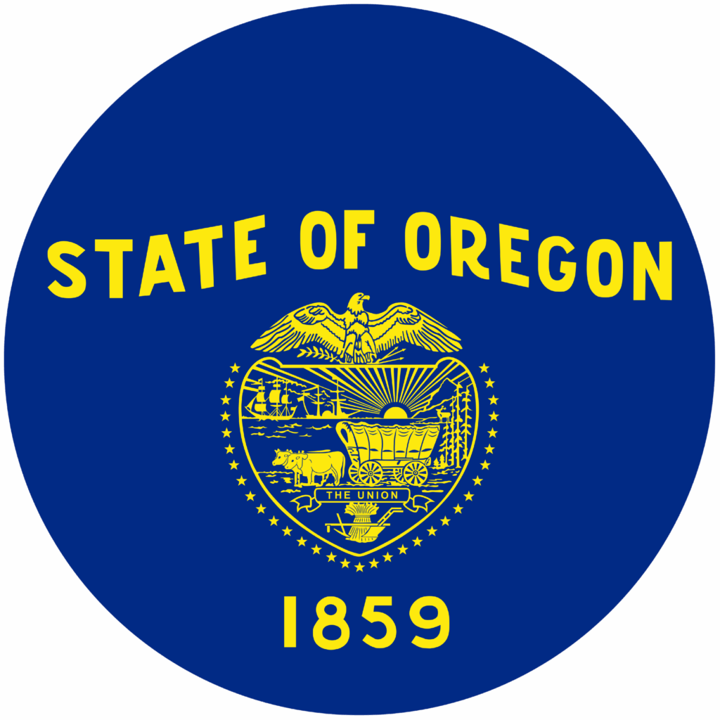 Oregons State Seal Proudly Displayed, A Symbol Of History And Heritage, Vibrant Blue And Gold Colors On A Simple Circular Background Edited